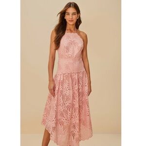 FARM Rio Blush Pink Palm Tree Eyelet Midi Dress Size Small NWT